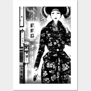 Cyber Geisha in the streets of Tokyo, black and white Posters and Art